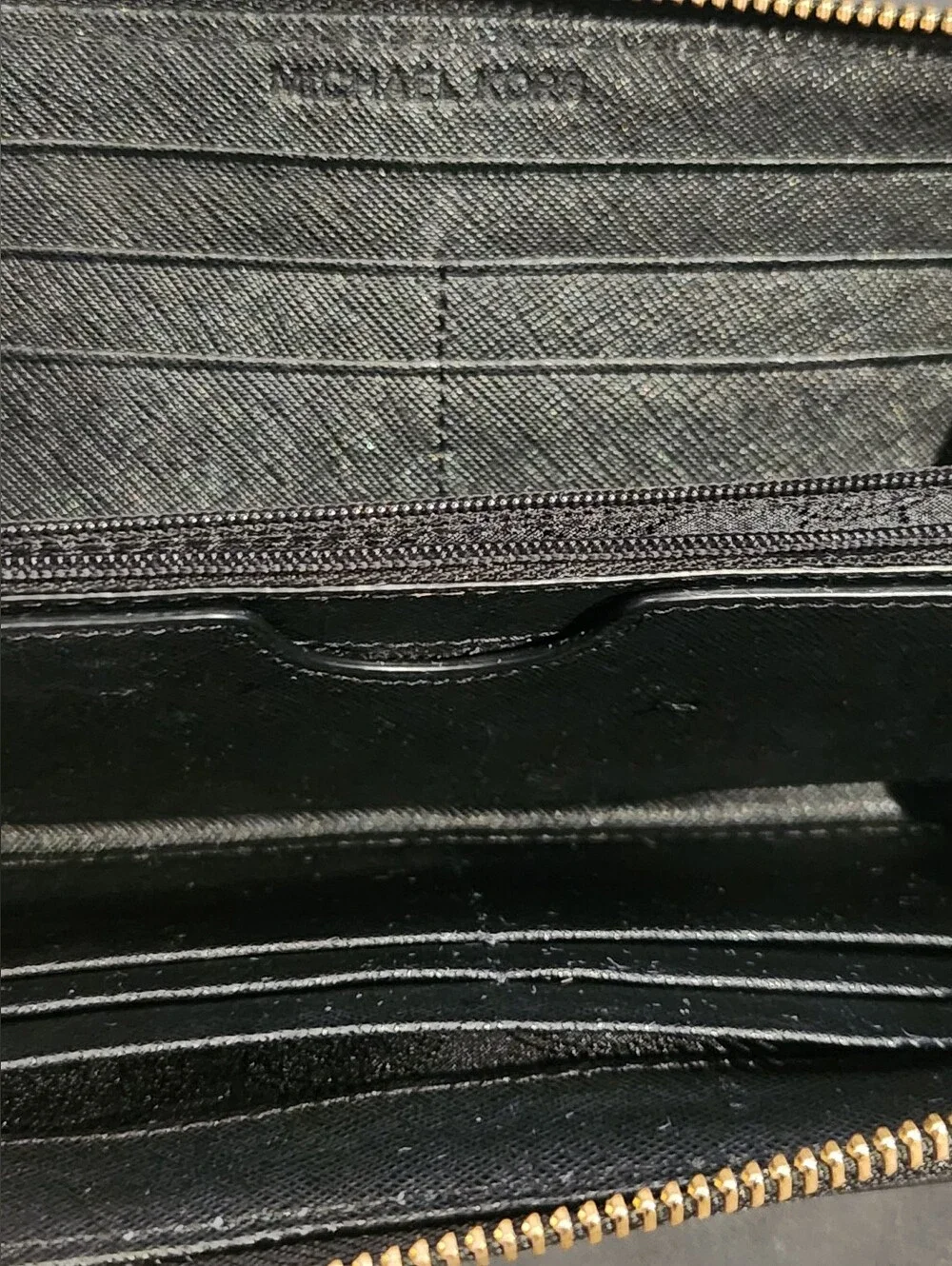 MICHAEL KORS Black Patent Leather MK Signature Logo Zip-Around Wallet Clutch